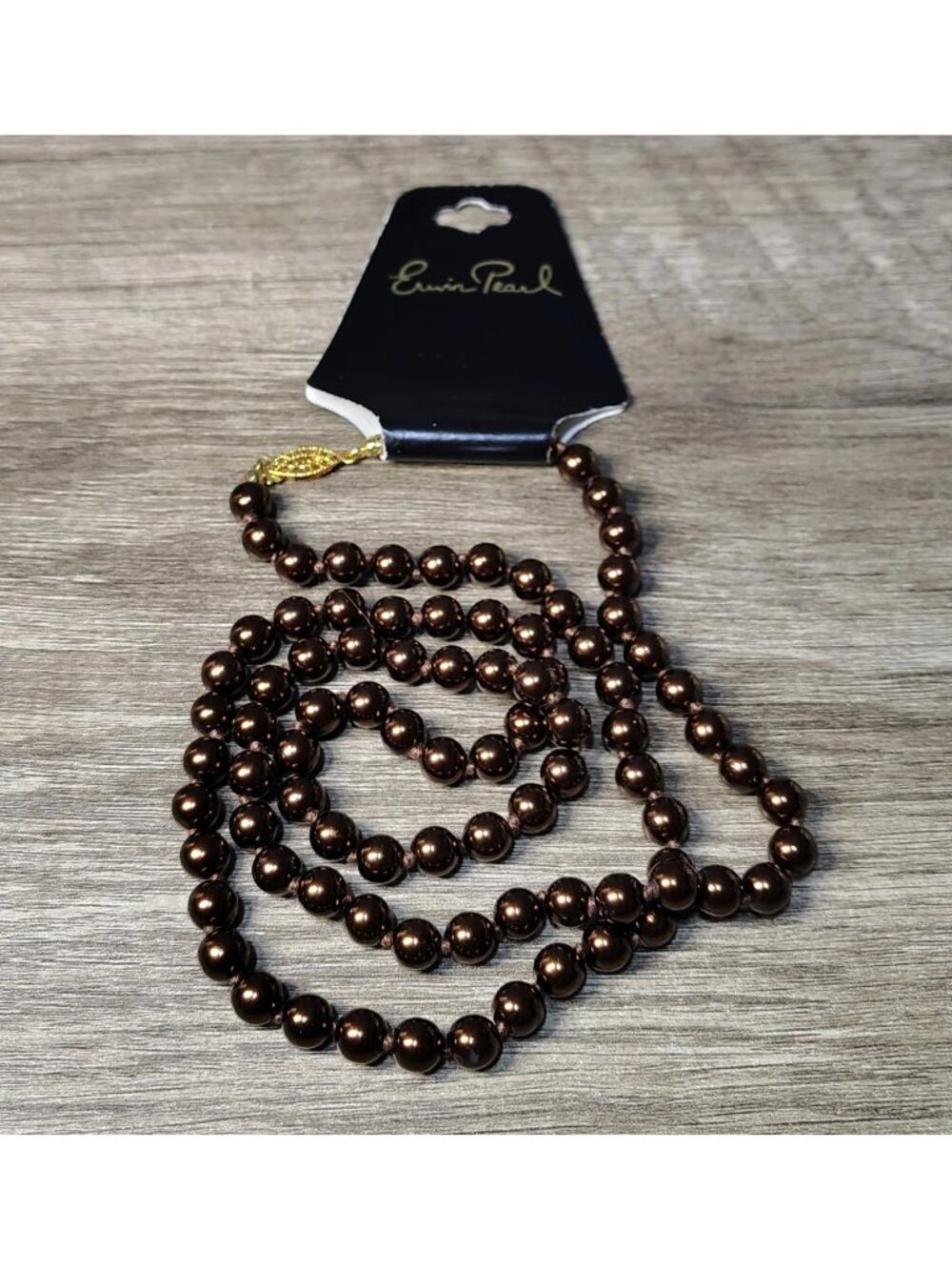 Vtg Erwin Pearl Chocolate Brown Glass Faux Pearl Beaded Strand Necklace Long